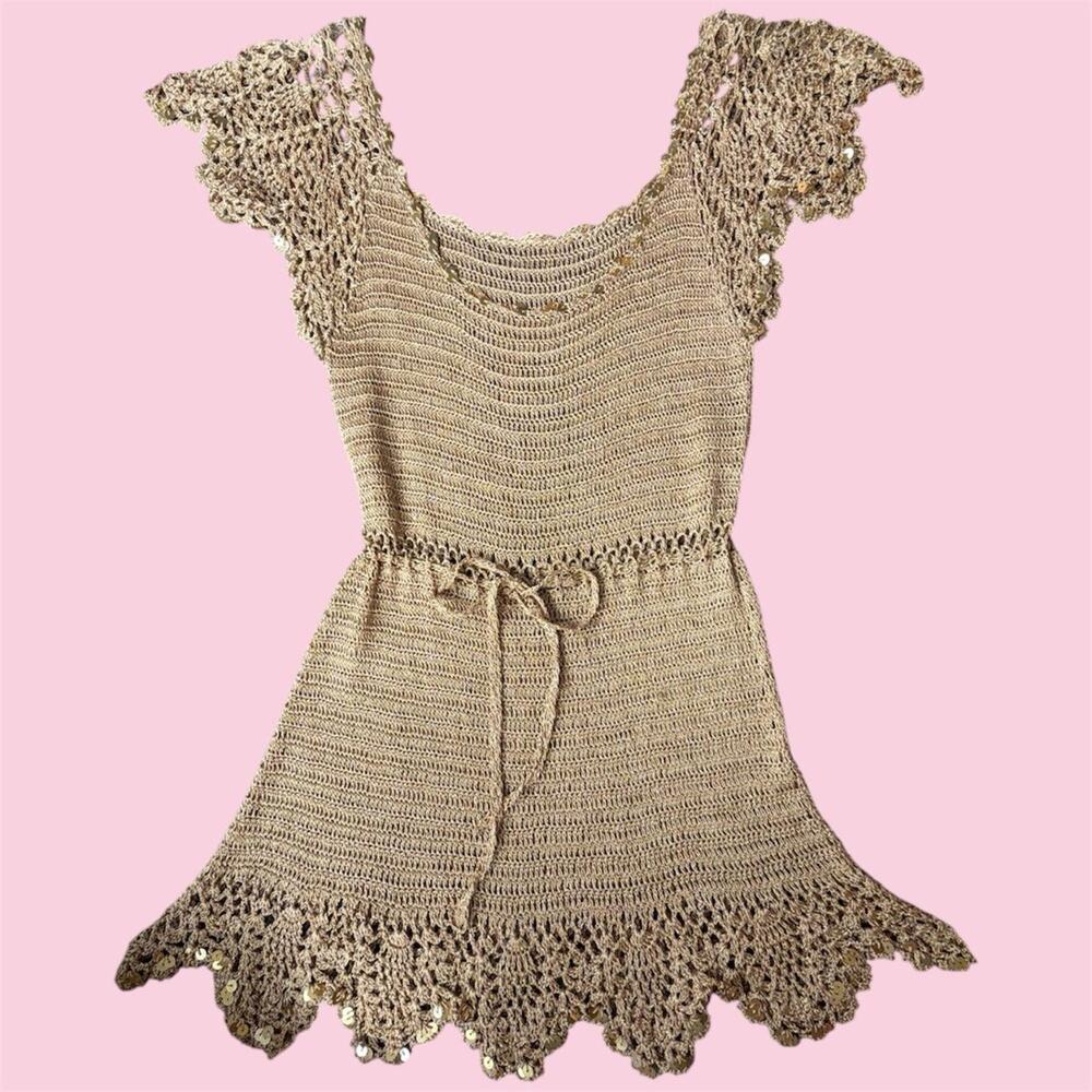 Tan crochet sequined mini dress/tunic with scalloped trim and tie waist